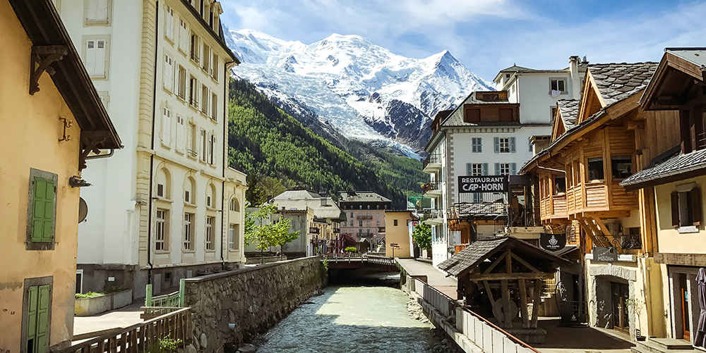 The Arve River winds through downtown Chamonix